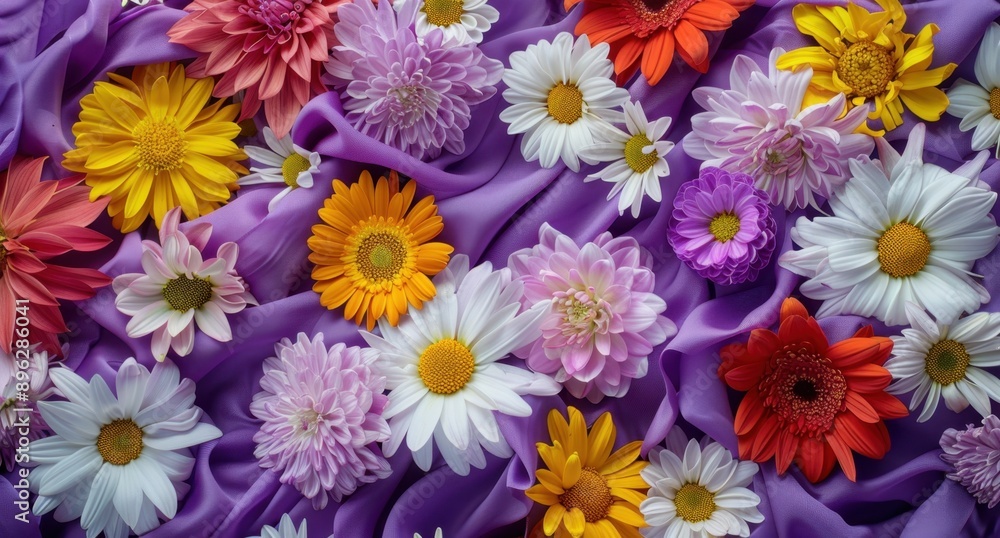 Poster a vibrant display of various flowers, including daisies and chrysanthemums, arranged in an array on 