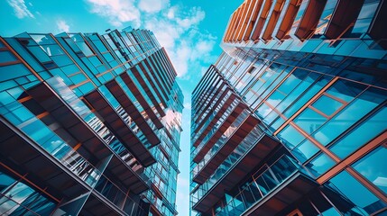 Dramatic upward view between skyscrapers with striking blue architectural highlights against the sky.