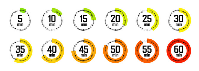 Simple stopwatch icons. Colorful chronometer, time counter with dial. Countdown timer showing hours and minutes. Deadline, measurement for sport. Cooking time label, sticker. Vector illustration