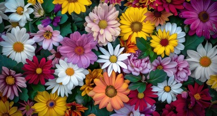 Fototapeta premium A vibrant mix of various flowers, including daisies and chrysanthemums in full bloom, with some showing signs of saturation, set against an abstract background Generative AI
