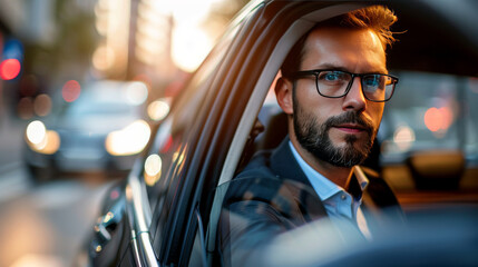 A professional driver is waiting for a businessman to get into the car for a ride to the airport or another destination.