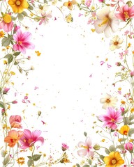 Beautiful floral border design with colorful flowers and leaves on a white background, perfect for invitations and greeting cards.