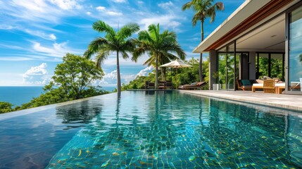 Fototapeta premium Luxurious villa hotel resort with pristine swimming pool with sea view