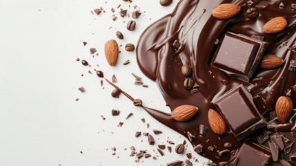 Fototapeta premium Chocolate, melted chocolate, coffee and almond on white background 