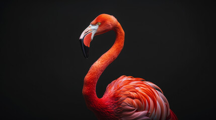 Fototapeta premium A stunning flamingo with vibrant pink feathers stands out against a dark backdrop.