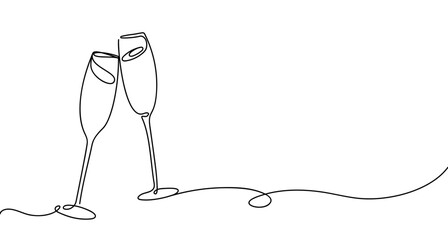 Two champagne glasses in line art style. Clinking glasses for celebration, new year, anniversary. Editable stroke	