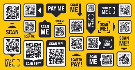 Scan me QR code sticker with text. Online payment. Special offer sale stickers, shopping discount label, promotional badge. Product serial number. Supermarket retail price tag. Vector illustration