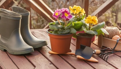 Gardening tools and spring flowers on the terrace in the garden