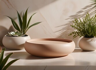Smooth Ceramic Podium Artisanal Glaze Zen Garden Neutral Tones Delicate Plants

