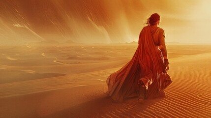 A woman in a red cape is walking across a desert. The image is a poster for a movie.