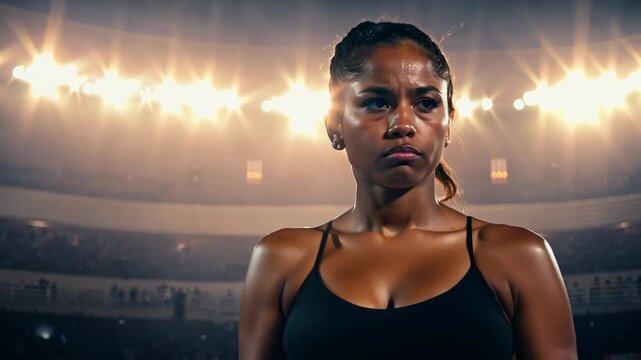 A woman stands in a boxing ring with a crowd watching her. She is wearing a black tank top and white gloves