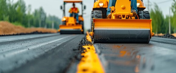 Road Construction With Yellow Road Rollers When Paving Asphalt, Showcasing Smoothness And Progress