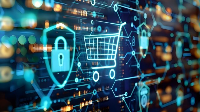 Digital shopping cart icon with a lock symbol on a futuristic interface.