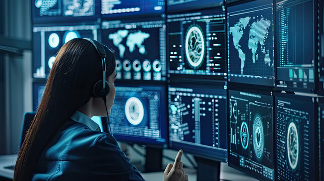 A female operator wearing a headset works at a computer station, monitoring a wall of screens displaying various data