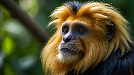 Fototapeta premium the magnificent Golden-headed Lion Tamarin gazes directly at the viewer, his fur gleaming in the sunlight. 
