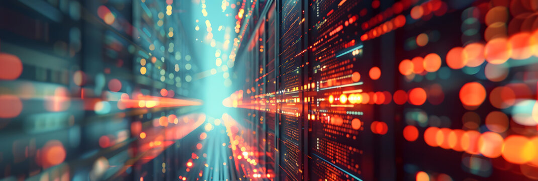 Abstract data center background, database in terminal storage, hardware server room, cloud computing, networking and hosting in rack system