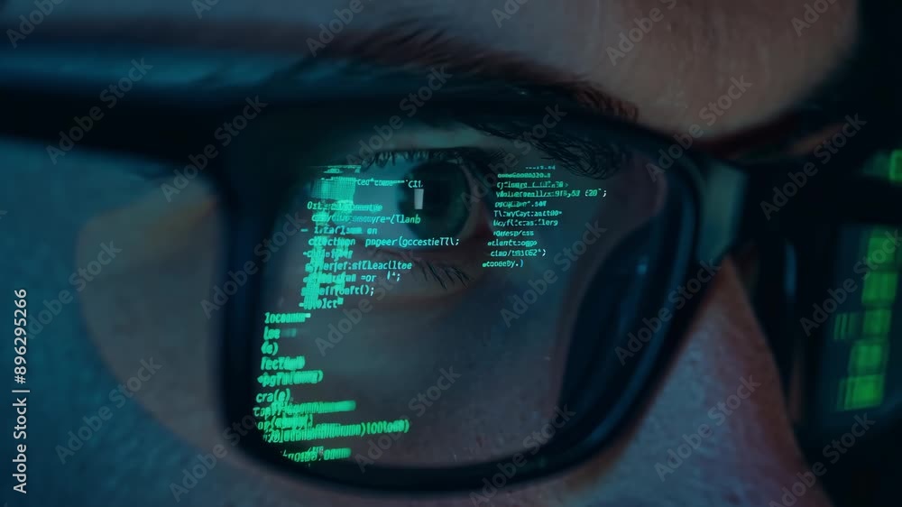 Poster a man is looking at a computer screen with a green screen on his glasses. concept of technology and 