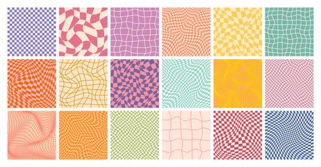 Groovy checkered pattern, colorful distorted tiled grid. Vintage wavy curved backdrop, distortion effect. Funky geometric chessboard texture, retro background in 90s style, y2k. Vector illustration