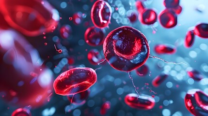Close-up of red blood cells floating in a blue plasma background.