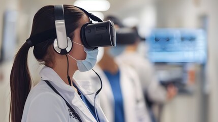 A healthcare professional using a virtual reality headset in a clinical setting, utilizing VR to enhance diagnostic skills or patient treatment planning.

