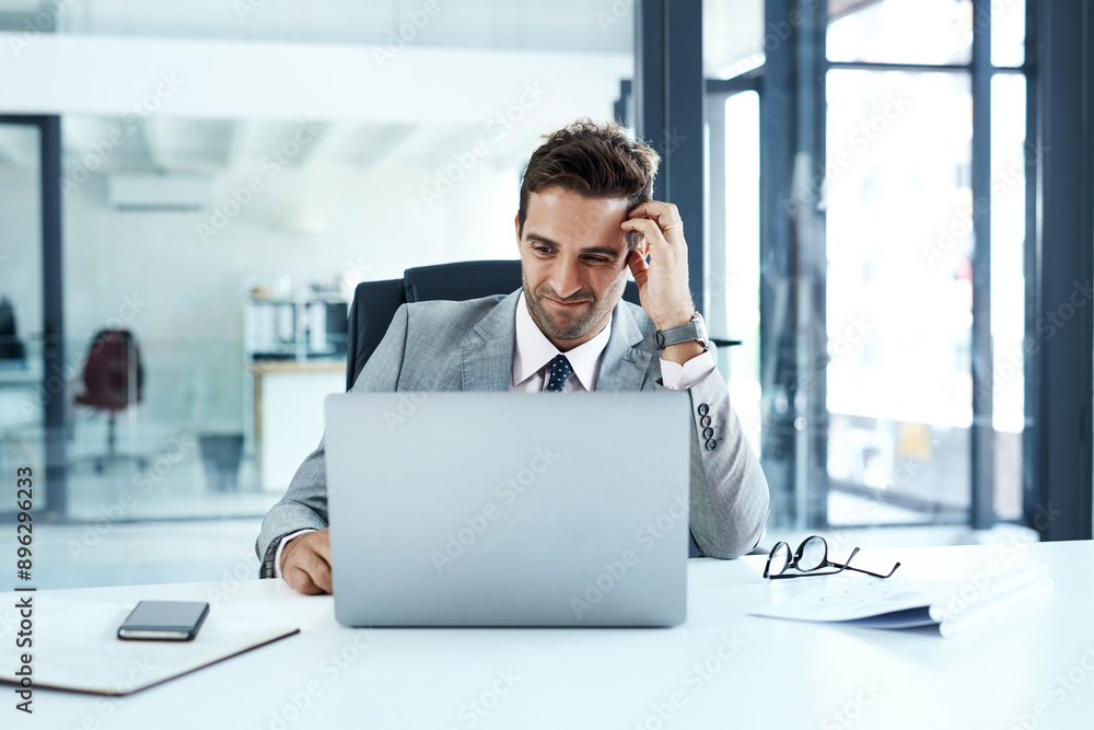 Poster confused, laptop and problem solving with business man at desk in office for email, feedback or revi