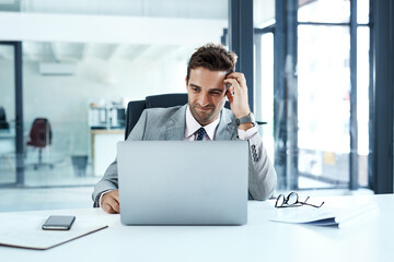 Confused, laptop and problem solving with business man at desk in office for email, feedback or review. Accounting, budget and doubt with professional employee scratching head at info on computer