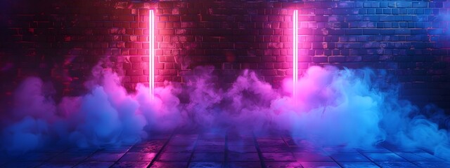 Abstract background with a brick wall, neon light and smoke. Dark room with a floor and empty space for product presentation. Background with blue, purple and pink colors in the style of different art