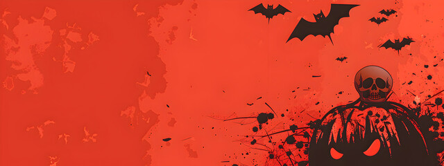 Halloween greetings vector design. In red space with pumpkin, skull and bat.