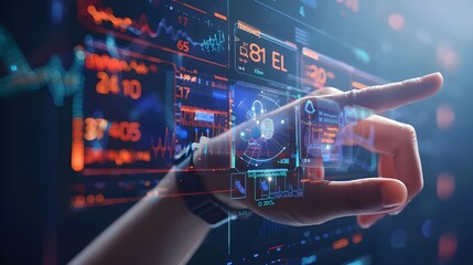 A futuristic dashboard displaying digital data and metrics in vivid colors, highlighting modern technology and analytics in use.


