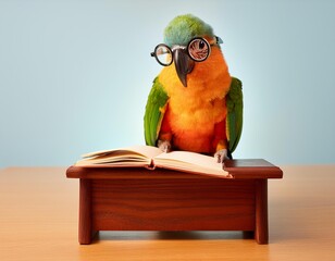 Funny parrot with glasses reading book