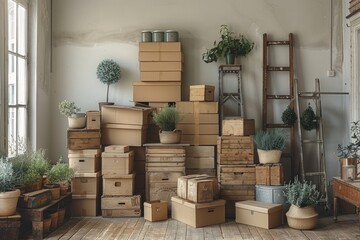A photo of moving boxes and furniture in an empty room with white walls.