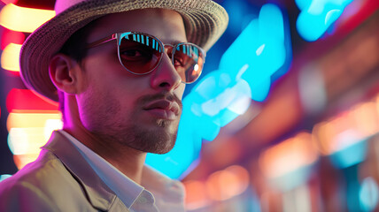 A stylish man in a hat and sunglasses, illuminated by vibrant neon lights.