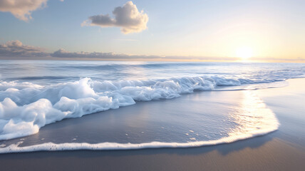 Soft waves roll onto the sandy beach as the sun rises, casting a golden glow over the serene ocean.