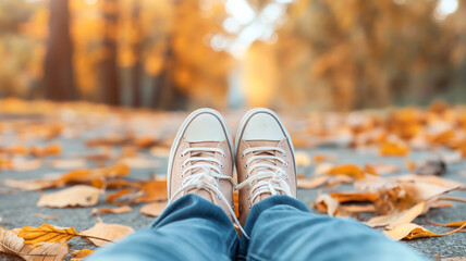 A person sits on a path covered with fallen autumn leaves, wearing casual sneakers and enjoying the serene atmosphere of the season.
