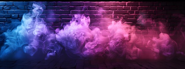 Abstract background with a brick wall, neon light and smoke. Dark room with a floor and empty space for product presentation. Background with blue, purple and pink colors in the style of different art