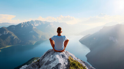 A person sits on a rocky peak, taking in the breathtaking panoramic view of mountains and a lake below.