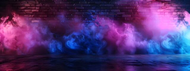 Abstract background with a brick wall, neon light and smoke. Dark room with a floor and empty space for product presentation. Background with blue, purple and pink colors in the style of different art