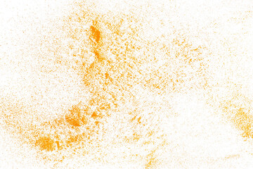 Turmeric powder pile scattered isolated on white background, flying	