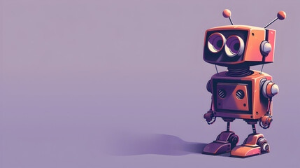Naklejka premium Cartoon Robot: A friendly cartoon robot character on a solid light purple background.