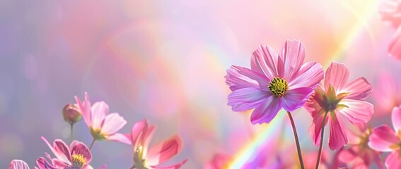Fototapeta premium Pink and yellow cosmos flowers with a rainbow in the sky, pastel background banner with copy space in the style of rainbow Generative AI
