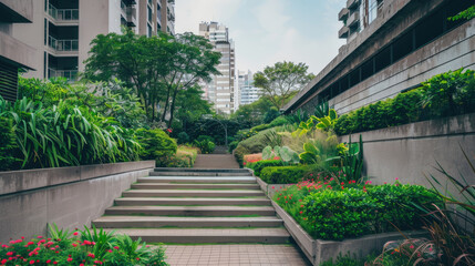 A concrete staircase leads upwards through a lush, green urban garden with tall buildings in the background