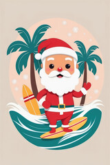 Tropical surfing with Santa on tropical beach in Christmas.