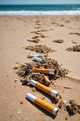 A pile of used cigarette butts thrown on the sand of a beach. Environmental pollution concept.