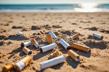 A pile of used cigarette butts thrown on the sand of a beach. Environmental pollution concept.