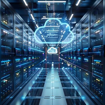 Data center with a holographic cloud computing icon representing digital technology and advanced infrastructure