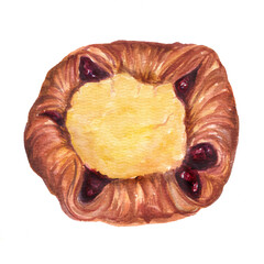 Round puff pastry with vanilla cream and raspberry jam, watercolor illustration of sweet puff pastry isolated on white