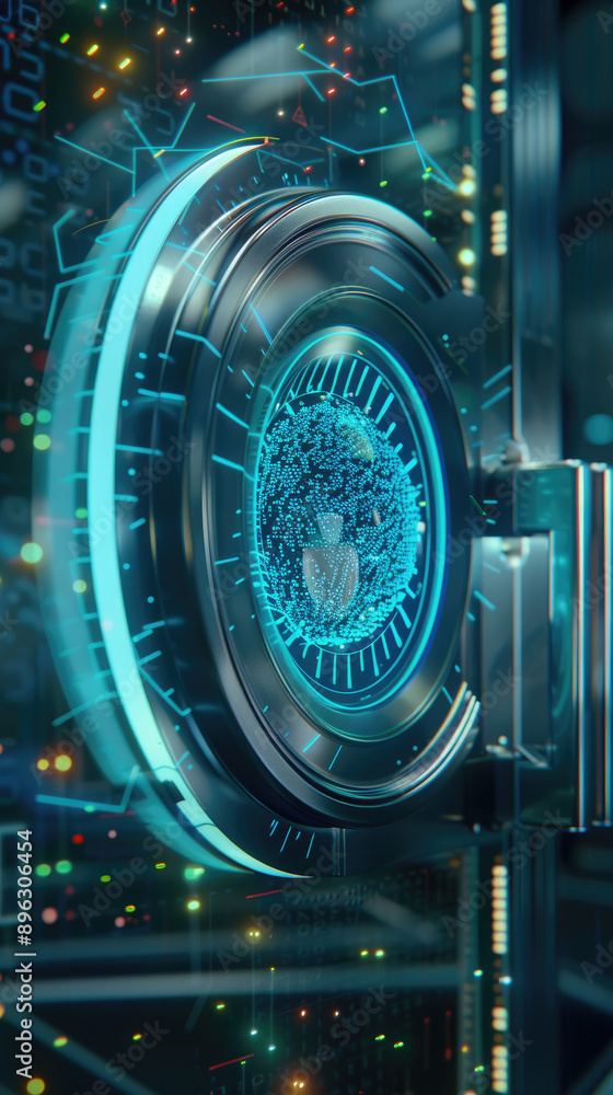 Poster a close-up view of a futuristic security system with a glowing blue interface