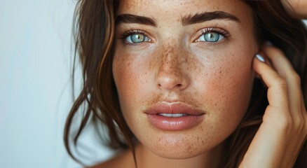 Close-Up Portrait of Woman With Freckles and Blue Eyes