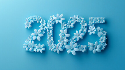 Naklejka premium happy new year background with 2025 number with blossoms of blue flowers on blue ground