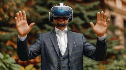 Businessman Experiencing Virtual Reality Outdoors